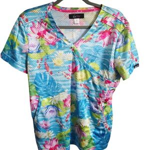 Koi Lite Women's M Blue Lotus Koi Fish Print Scrub Top V Neck‎ Short Sleeve NEW